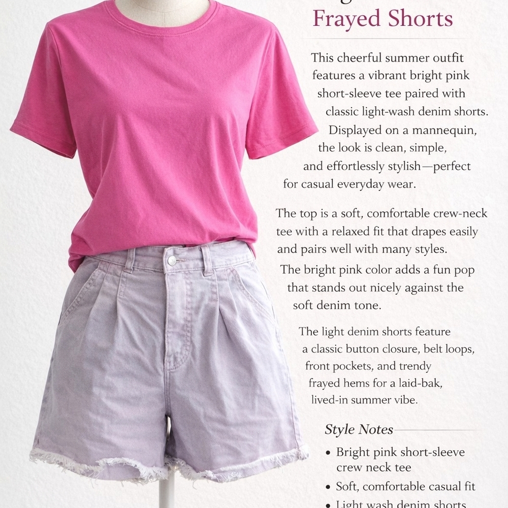 Bright Pink Crew Neck Tee with Light Lavender Denim Shorts